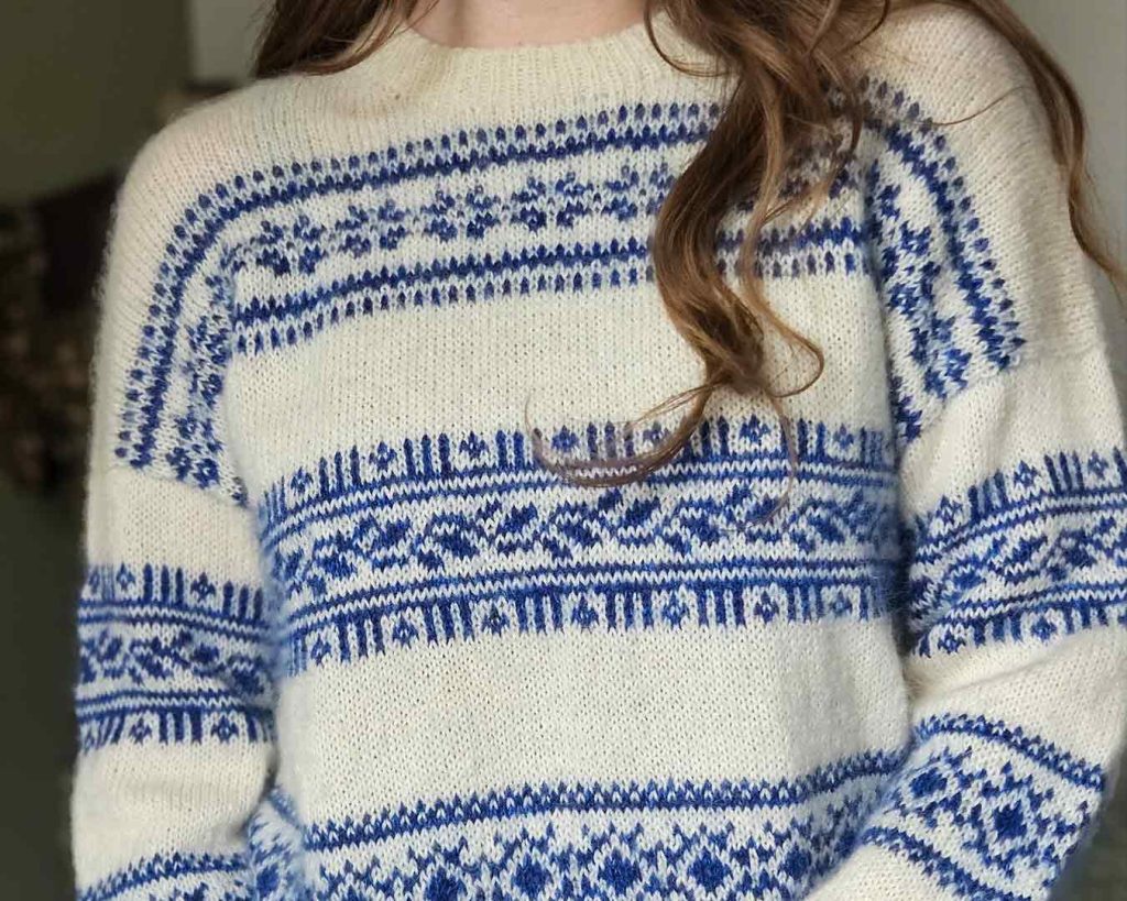Porcelain Sweater in blue and cream Fair Isle colorwork, handmade knitted jumper