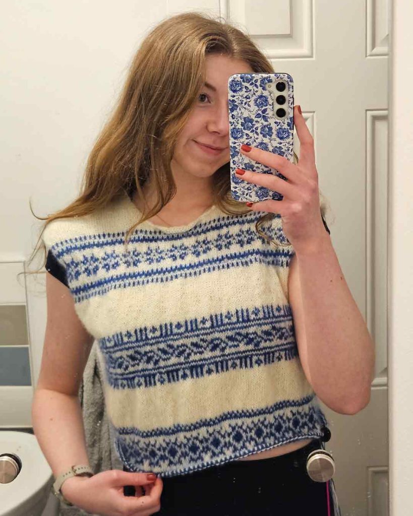 Porcelain Sweater in blue and cream Fair Isle colorwork, handmade knitted jumper