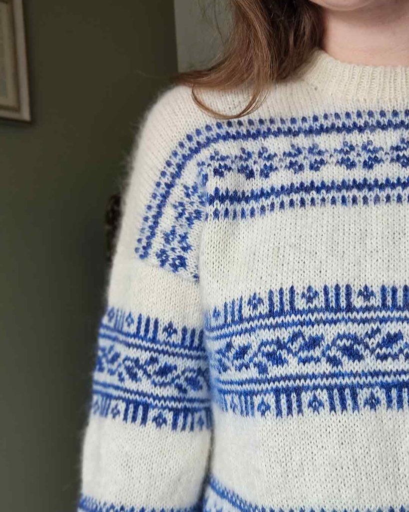 Porcelain Sweater in blue and cream Fair Isle colorwork, handmade knitted jumper